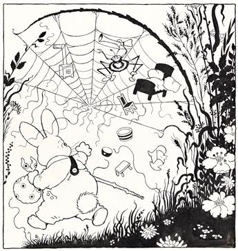 HARRISON CADY (1877-1970) Peter Rabbit busting Spiders cobweb.